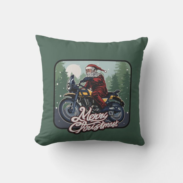 Santa on Motorcycle Throw Pillow (Front)