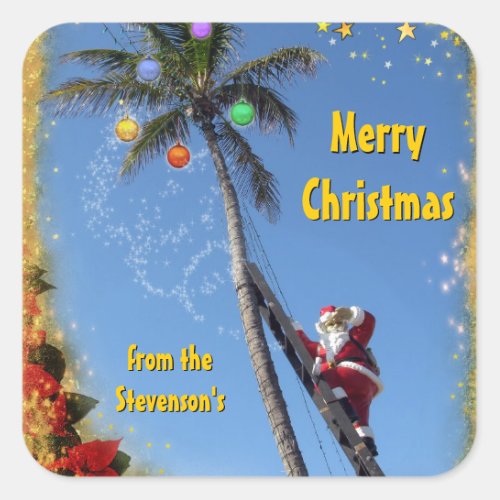 Santa on Palm Tree Square Sticker