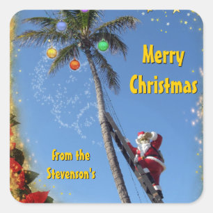 Santa on Palm Tree Square Sticker