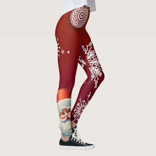 Santa on red snowflake background leggings  (Right)