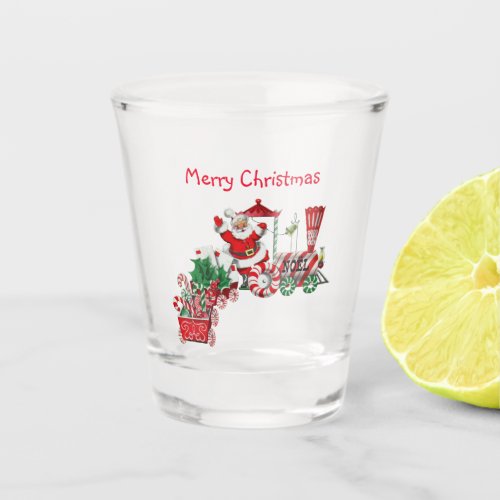 Santa on Red White Peppermint Candy Train Holly Shot Glass