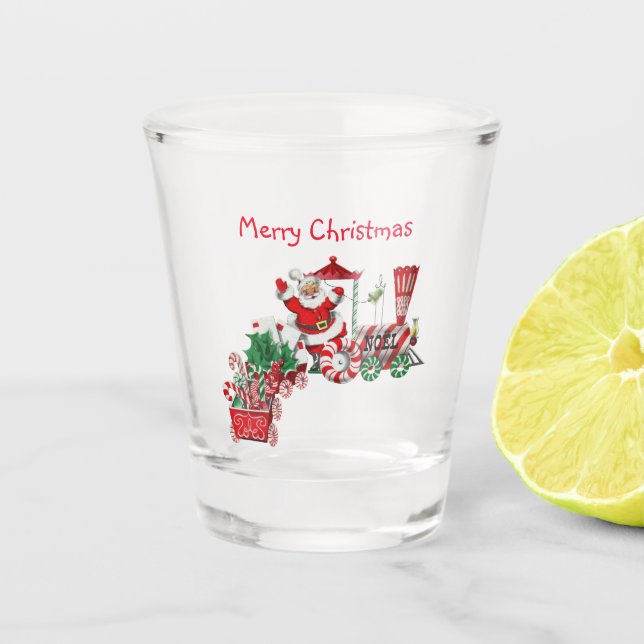 Santa on Red White Peppermint Candy Train Holly Shot Glass (Front)