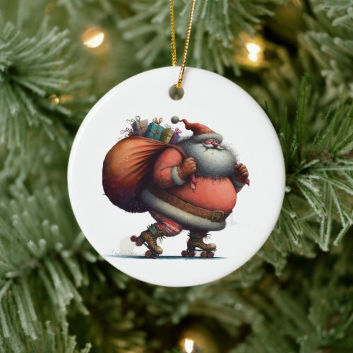 Santa on Roller Skates with Gifts Customized Ceramic Ornament