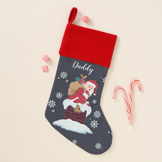 Santa on Roof Top Chimney Custom Family Snowflakes Christmas Stocking (Front)