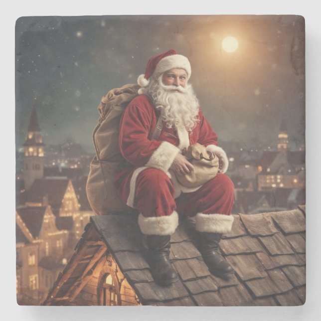 Santa on Rooftop Stone Coaster (Front)