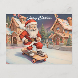 Santa on skateboard gingerbread house background holiday postcard