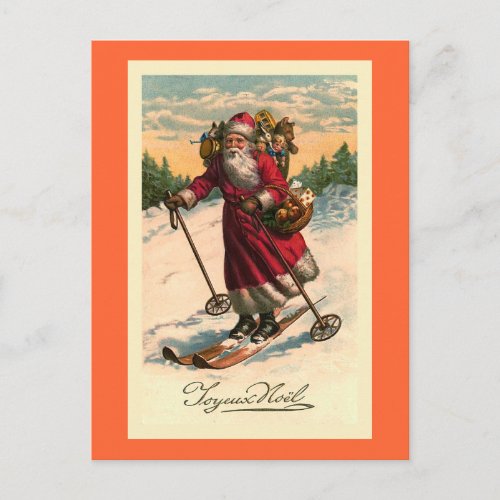 Santa on Skis Vintage French Card