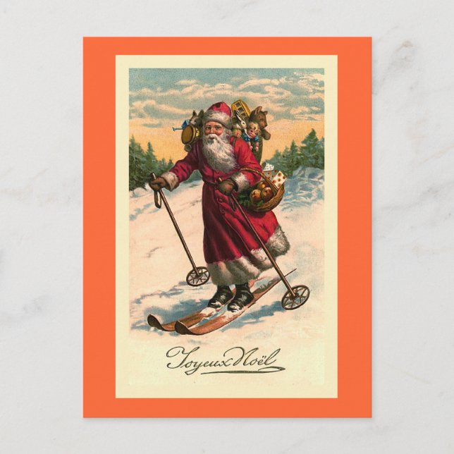 "Santa on Skis" Vintage French Card (Front)
