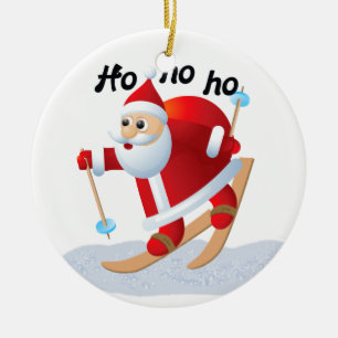 Santa on Snow Skis Round Ceramic Ornament