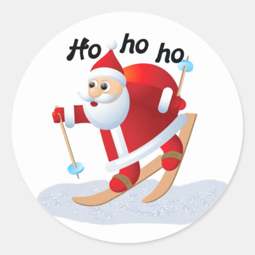 Santa on Snow Skis Round Christmas Stickers