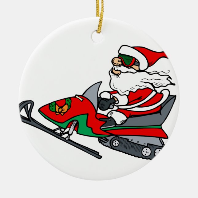 santa on snowmobile ceramic ornament (Front)