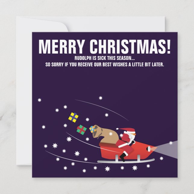 Santa on snowmobile funny night illustration holiday card (Front)