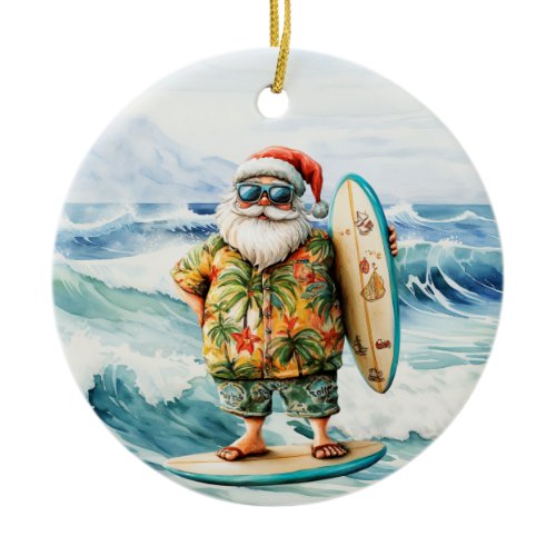 Santa on surfboard on sea background ceramic ornament