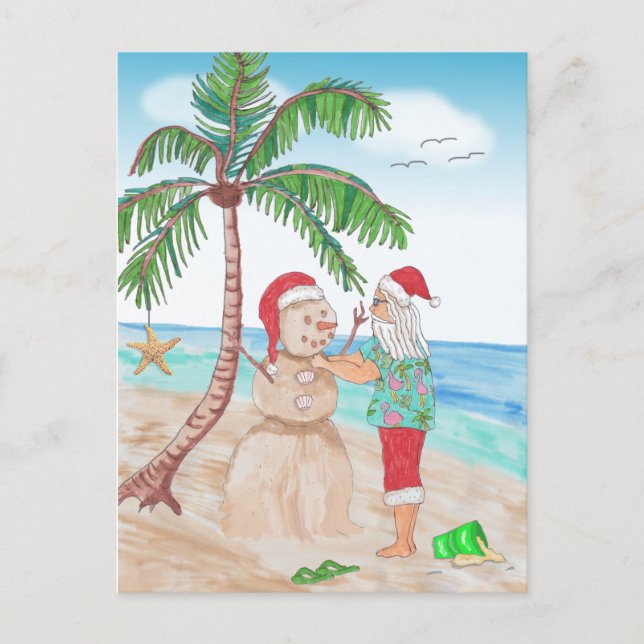 Santa on the Beach Building a Sand Snowman Postcard (Front)