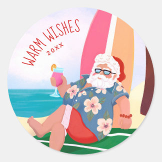 Santa on the Beach Summer Holiday Warm Wishes Classic Round Sticker