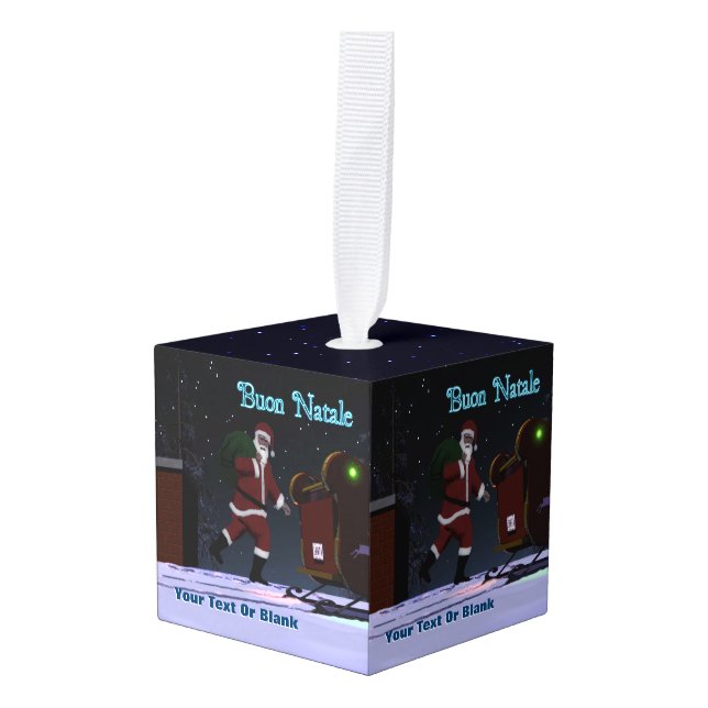 Santa On The Roof - Buon Natale Cube Ornament (Front Angled)