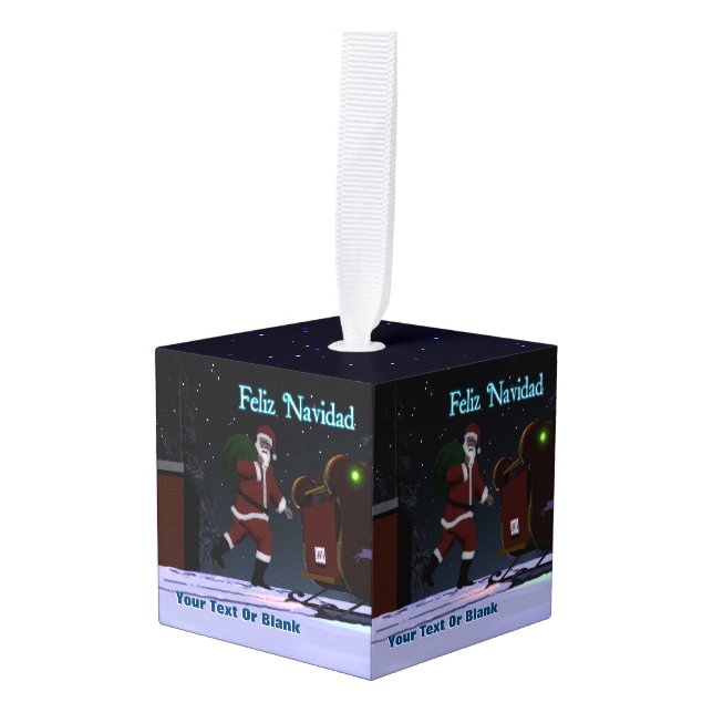 Santa On The Roof - Feliz Navidad Cube Ornament (Front Angled)