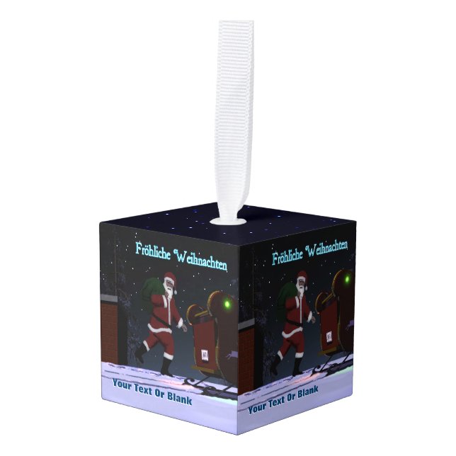 Santa On The Roof - Frohliche Weihnachten Cube Ornament (Front Angled)