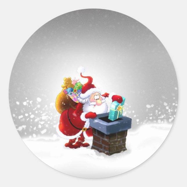 Santa on the Roof Top Classic Round Sticker (Front)