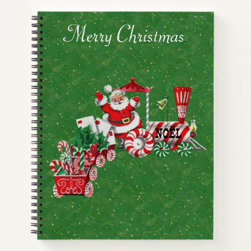 Santa on Train Candy Wheels Letters Green Gold Notebook