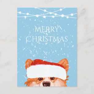Santa Orange Corgi Merry Christmas Blue Postcard