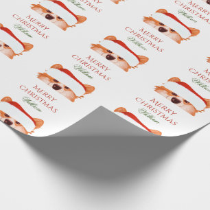 Santa Orange Corgi Merry Christmas Name Wrapping Paper