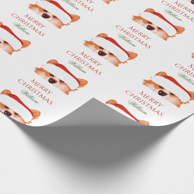 Santa Orange Corgi Merry Christmas  Name  Wrapping Paper (Corner)