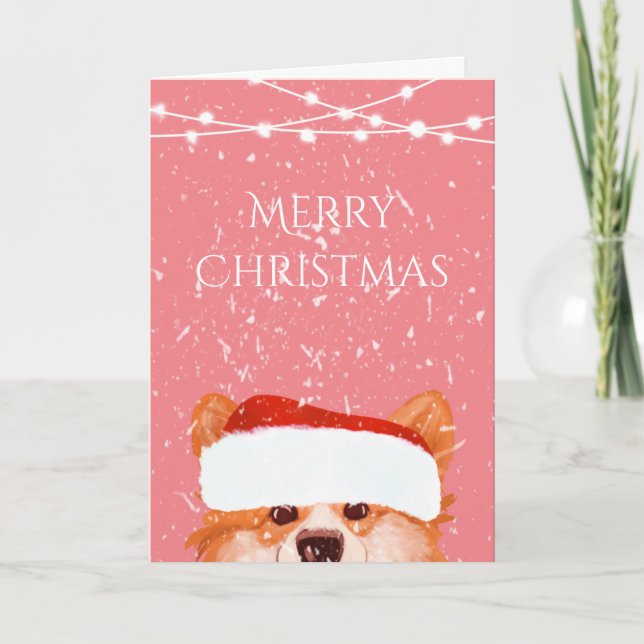  Santa Orange Corgi Merry Christmas  Pink   Card (Front)