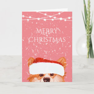 Santa Orange Corgi Merry Christmas Pink Card