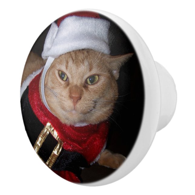 Santa Orange Tabby Cat Christmas Knob (Right)