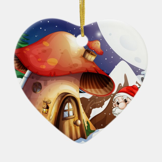 Santa outside the mushroom house ceramic ornament (Front)
