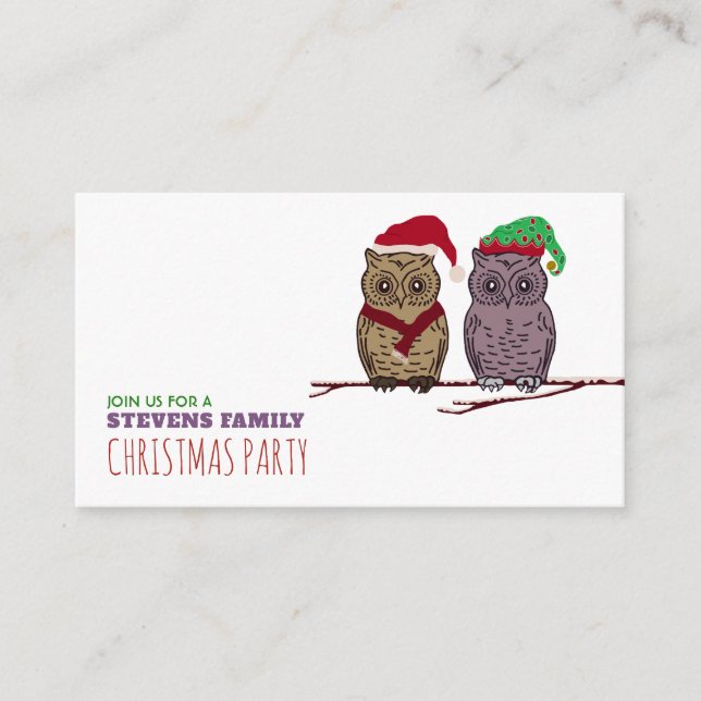 Santa Owl and Elf Owl, Christmas Party Ticket Enclosure Card (Front)