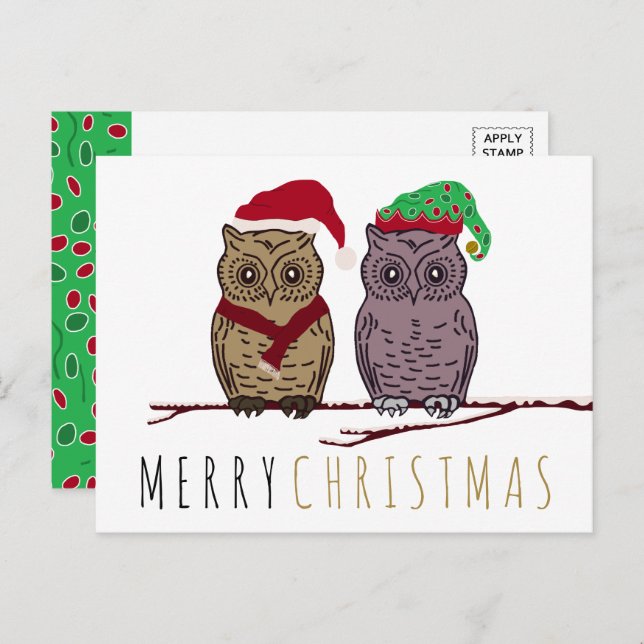 Santa Owl and Elf Owl Holiday Postcard (Front/Back)