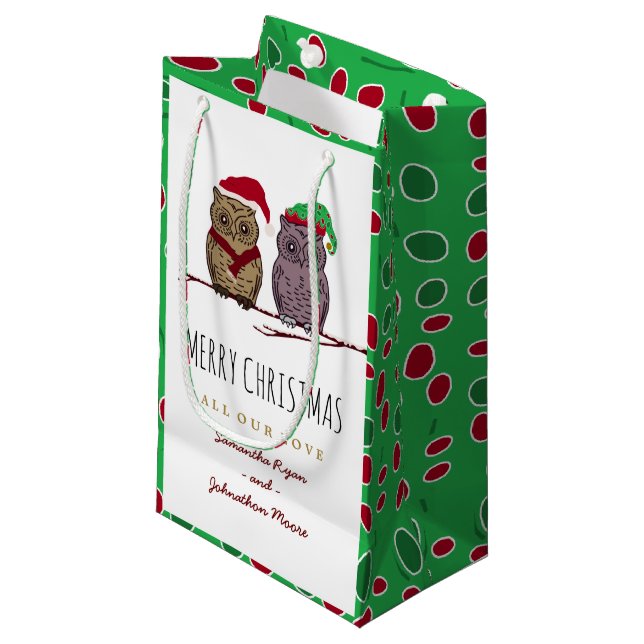 Santa Owl and Elf Owl Small Gift Bag (Front Angled)