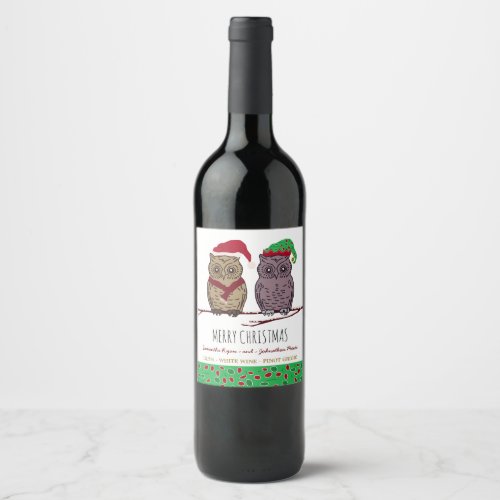 Santa Owl and Elf Owl Wine Label