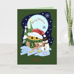 Santa Owl and his snowman friend, custom text Holiday Card