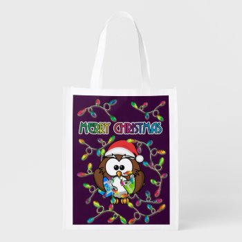 Santa Owl & Christmas Lights Grocery Bag by just_owls at Zazzle