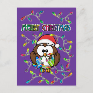 Santa owl & Christmas lights Holiday Postcard