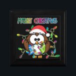 Santa owl & Christmas lights Keepsake Box<br><div class="desc">Sweet,  funny and custmizable  Santa owl tangled in rainbow Christmas lights.</div>