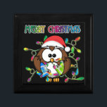 Santa owl & Christmas lights Keepsake Box<br><div class="desc">Sweet,  funny and custmizable  Santa owl tangled in rainbow Christmas lights.</div>