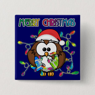 Santa owl & Christmas lights Pinback Button