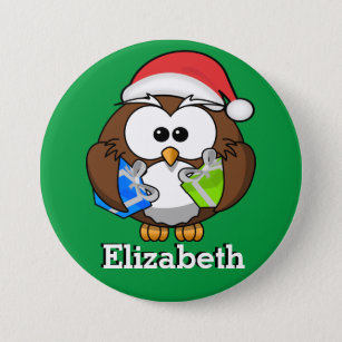 Santa Owl Christmas Stocking Name Tag Button