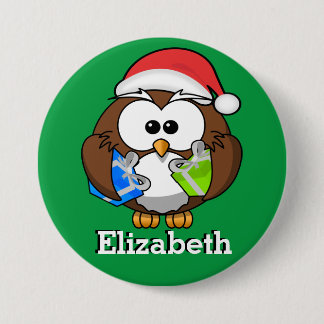 Santa Owl Christmas Stocking Name Tag Button