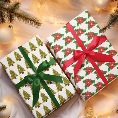 Santa Owl, Christmas Tree &amp; Poinsettia  Wrapping Paper Sheets