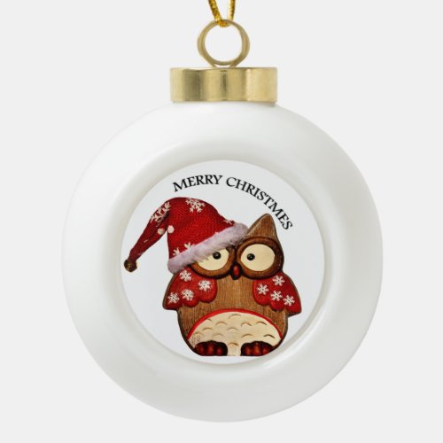 Santa Owl with a red Santa hat Ceramic Ball Christmas Ornament