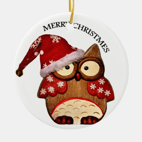 Santa Owl with a red Santa hat Ceramic Ornament