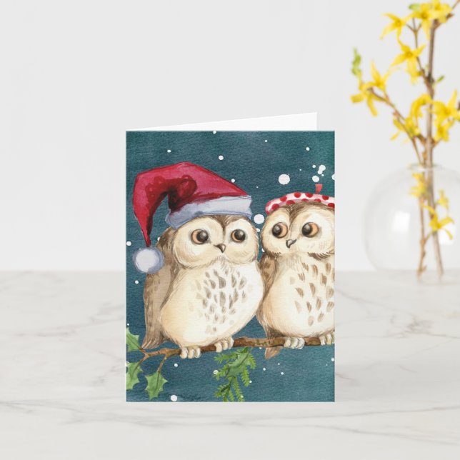 Santa Owls with hats  Christmas Card (Yellow Flower)