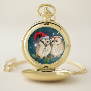 Santa Owls With Santa Hats Pocket Watch