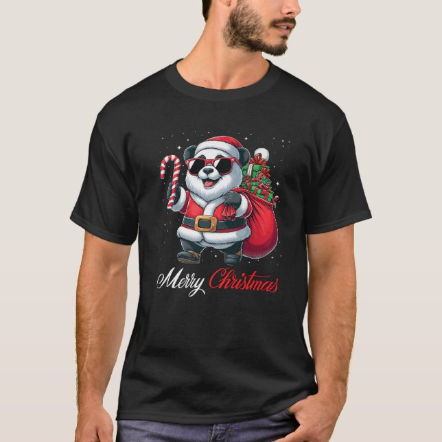 Santa Panda Sunglasses Candy Cane Merry Christmas  T-Shirt (Front)