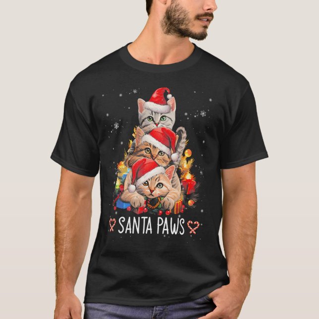 Santa Paw And Claw Santa Cat Christmas Tree Lights T-Shirt (Front)
